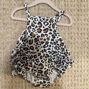 Leopard Print Ruffle Bubble Romper - White, Black & Brown